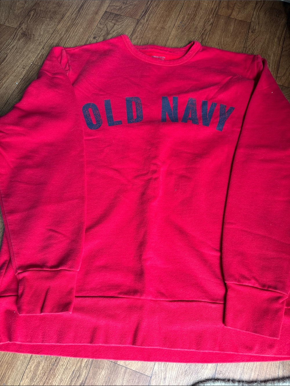 Old Navy Men's Bright Red Crewneck with Navy Logo